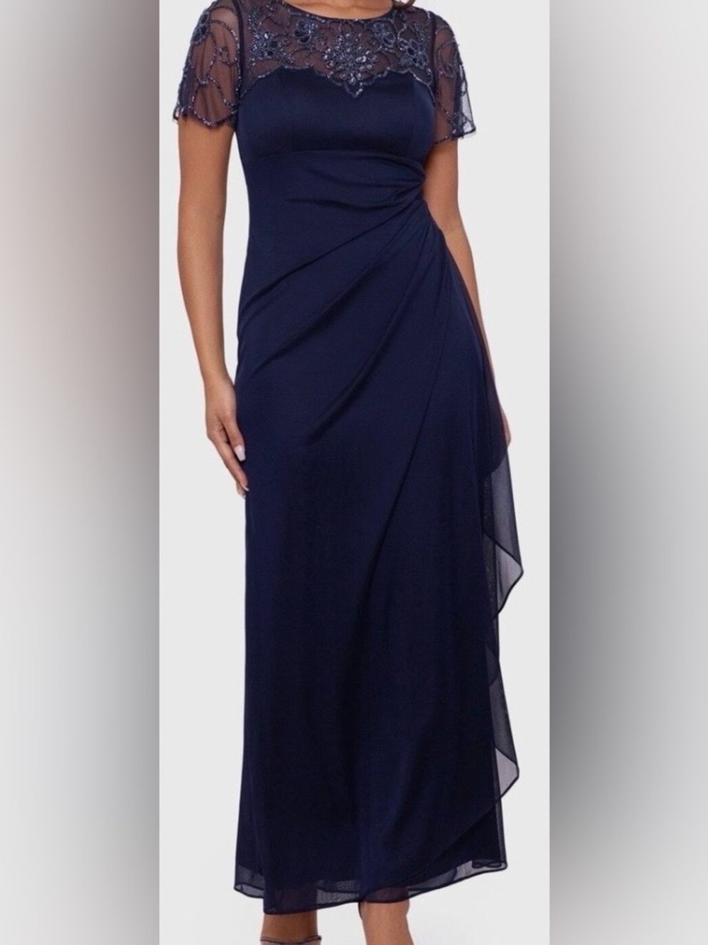 XSCAPE Dahlia Long Sheer Matte Jersey Beaded Top Dress coquette Navy Size 12 - Picture 2 of 15